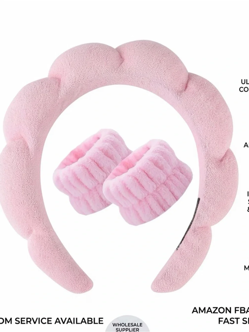 Plush Pink Headband and Matching Wristbands Set - Soft Hair Accessory